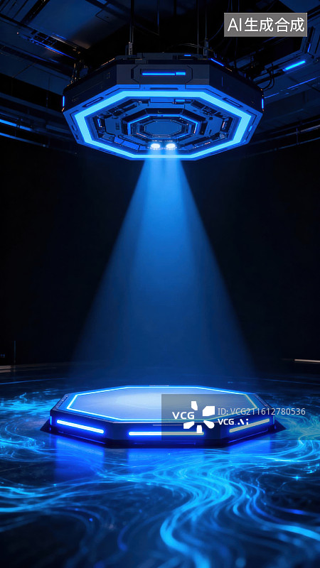 【AI数字艺术】科幻平台蓝色光束投影图片素材