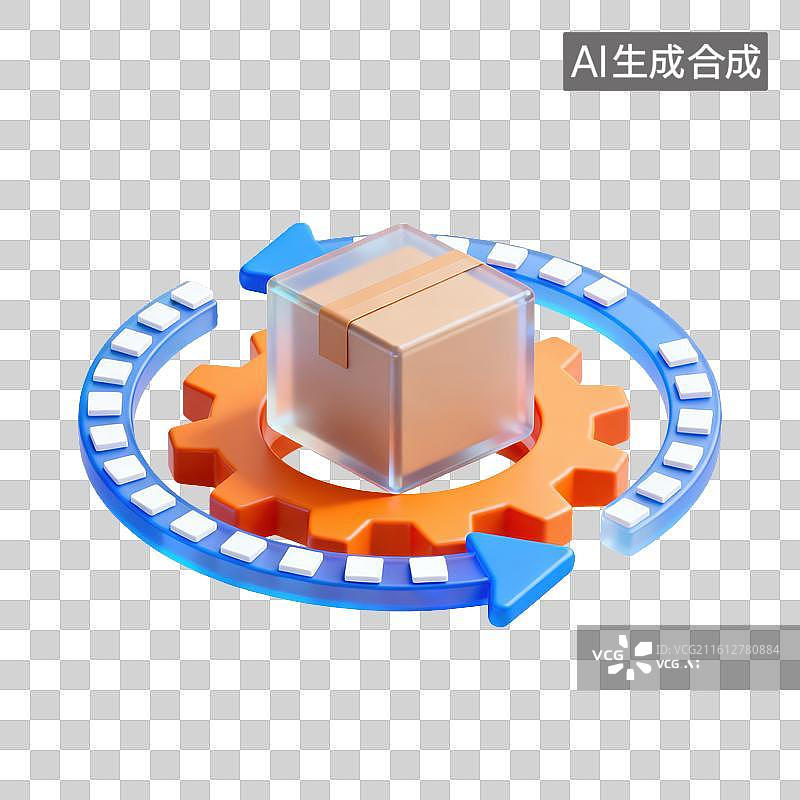 【AI数字艺术】3D磨砂玻璃材质橙色齿轮环绕纸箱箭头指向循环方向物流流程运转元素图片素材
