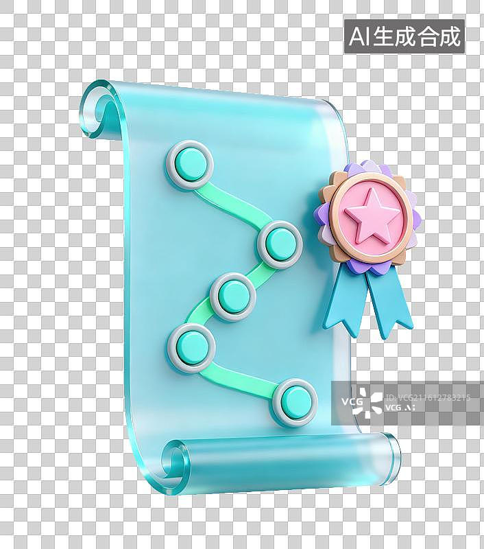 【AI数字艺术】3D磨砂玻璃材质展开卷轴上有圆形节点连线组成流程路径任务进度徽章成就元素图片素材