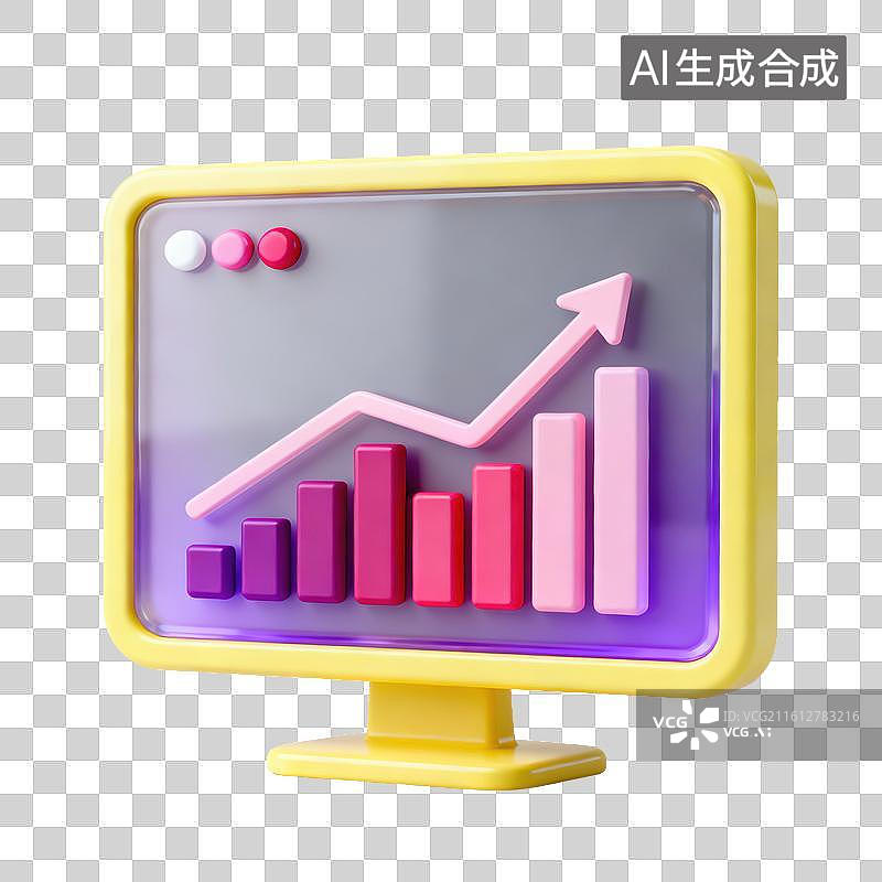【AI数字艺术】3D磨砂玻璃材质金融理财主题电脑显示器上升商业柱状图报告元素图片素材