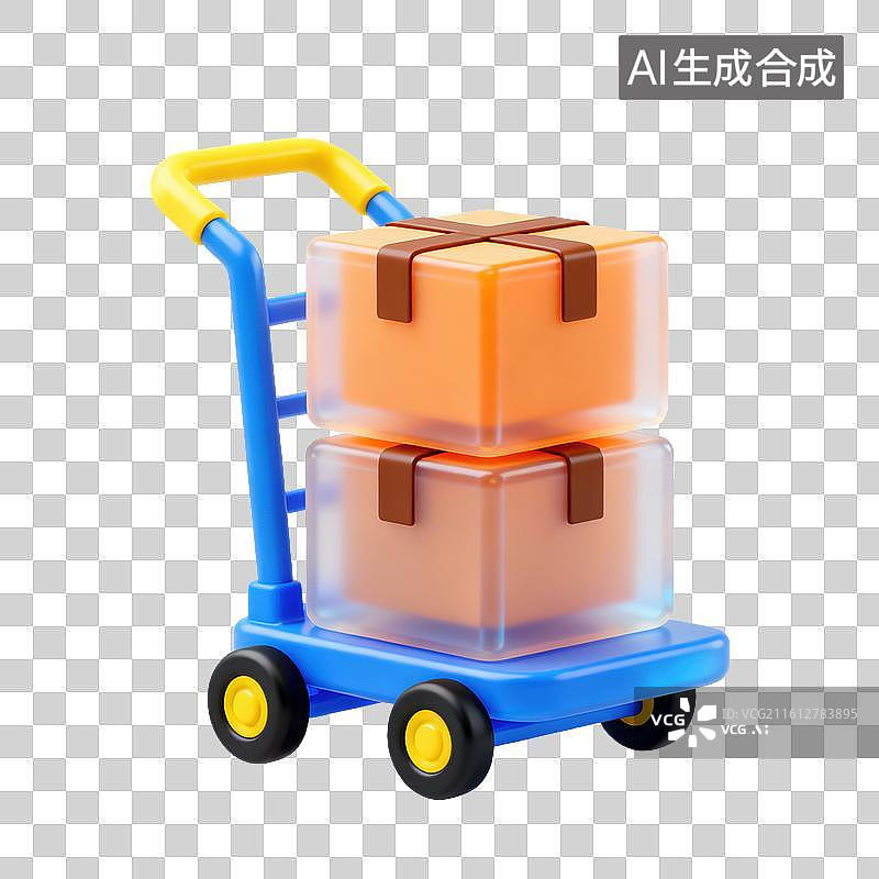 【AI数字艺术】3D磨砂玻璃材质电商购物主题物流手推车上放着快递纸箱元素图片素材