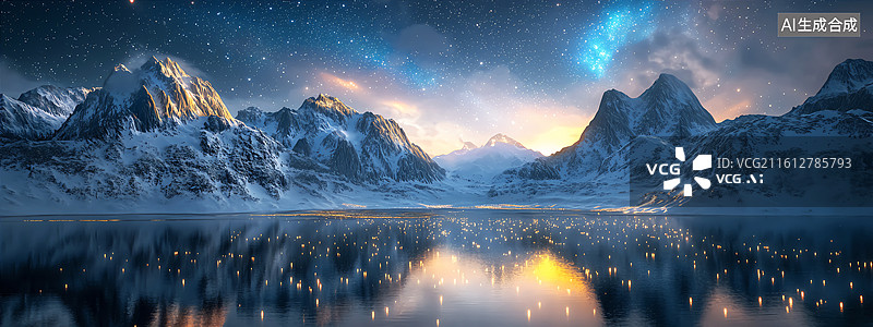 【AI数字艺术】宁静水面的日照金山风景图片素材