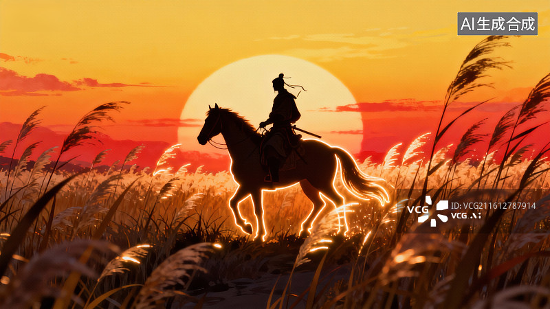【AI数字艺术】夕阳下骑马者剪影图片素材