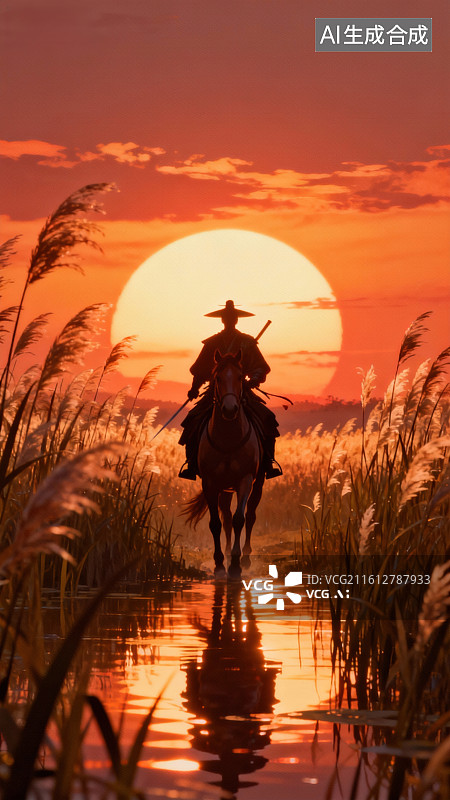 【AI数字艺术】夕阳下骑马人穿行芦苇图片素材