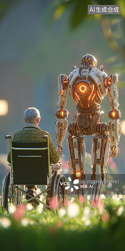 【AI数字艺术】科技未来AI智能机器人陪伴坐轮椅的老人3D立体插画图片素材