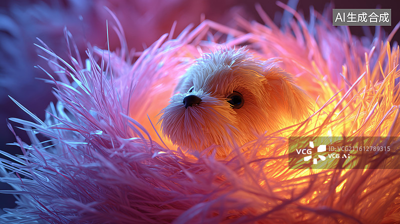 【AI数字艺术】温馨场景毛绒狗窝里的可爱宠物狗3D卡通立体插画图片素材