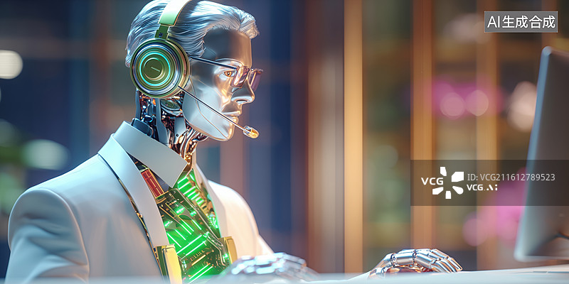 【AI数字艺术】科技未来带耳机的男性人工智能机器人客服3D卡通立体插画图片素材