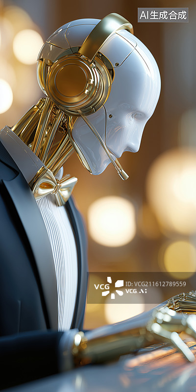 【AI数字艺术】科技未来带耳机的男性人工智能机器人客服3D卡通立体插画图片素材