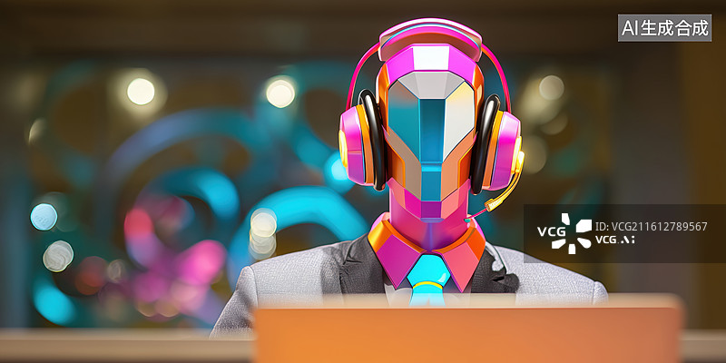 【AI数字艺术】科技未来带耳机的男性人工智能机器人客服3D卡通立体插画图片素材