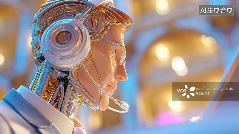 【AI数字艺术】科技未来带耳机的男性人工智能机器人客服3D卡通立体插画图片素材