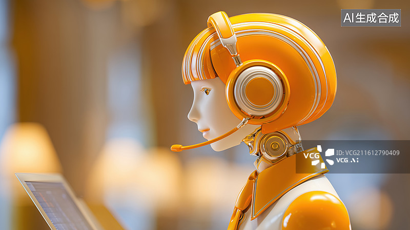 【AI数字艺术】科技未来带耳机的AI女性人工智能机器人客服3D卡通立体插画图片素材