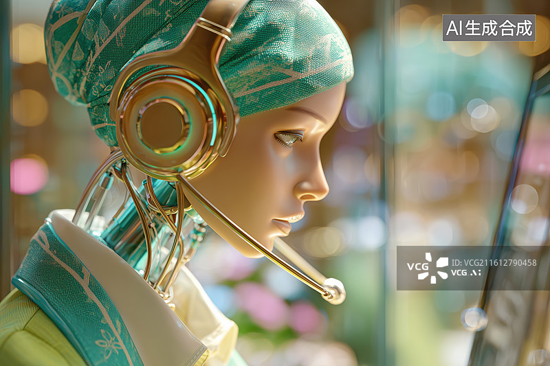 【AI数字艺术】科技未来带耳机的AI女性人工智能机器人客服3D卡通立体插画图片素材