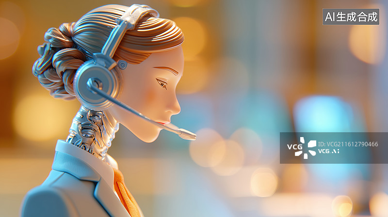 【AI数字艺术】科技未来带耳机的AI女性人工智能机器人客服3D卡通立体插画图片素材