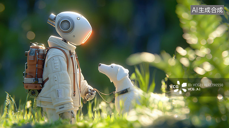 【AI数字艺术】清新森林中AI人工智能机器人遛狗3D卡通立体插画图片素材