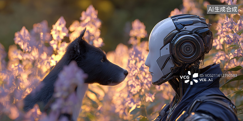 【AI数字艺术】清新森林中AI人工智能机器人遛狗3D卡通立体插画图片素材