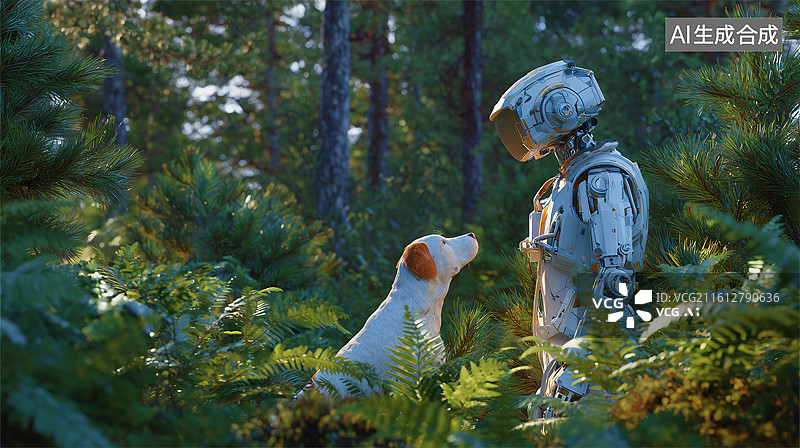 【AI数字艺术】清新森林中AI人工智能机器人遛狗3D卡通立体插画图片素材
