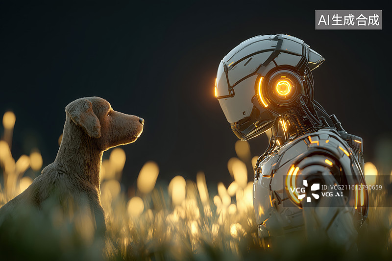 【AI数字艺术】清新森林中AI人工智能机器人遛狗3D卡通立体插画图片素材
