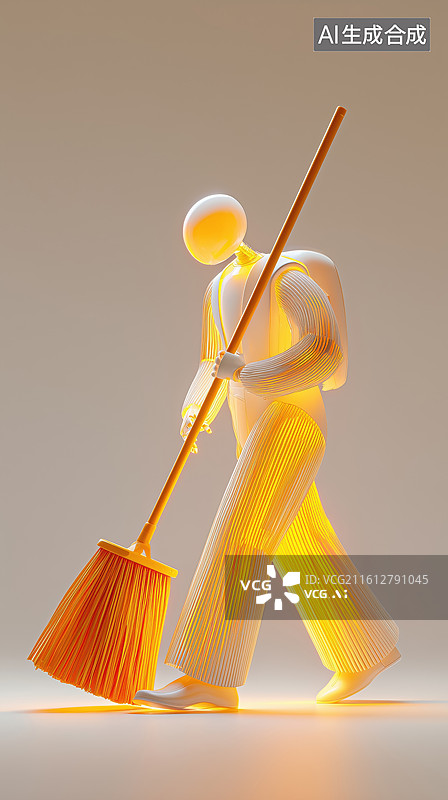 【AI数字艺术】拿着扫把扫地的科技未来人工智能家政机器人3D卡通立体插画图片素材