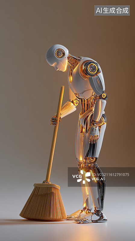 【AI数字艺术】拿着扫把扫地的科技未来人工智能家政机器人3D卡通立体插画图片素材