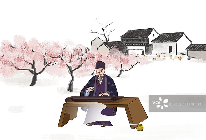 中国风新中式古风古典传统文化国学经典唐诗宋词中国画青绿山水田园风光日常生活趣味水墨桃花源桃林古人插画图片素材