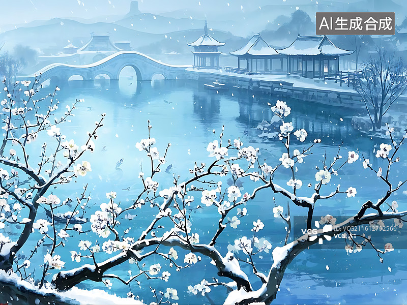 【AI数字艺术】雪中古桥梅花映水景图片素材