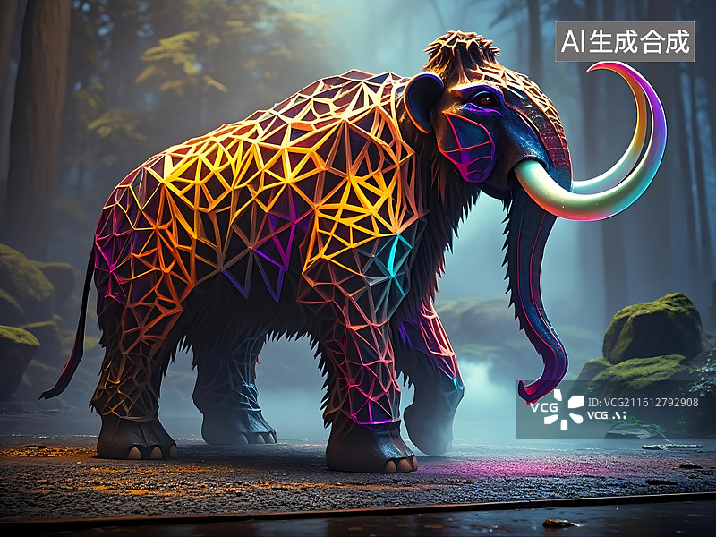 【AI数字艺术】彩色几何风格猛犸象奇幻场景图片素材