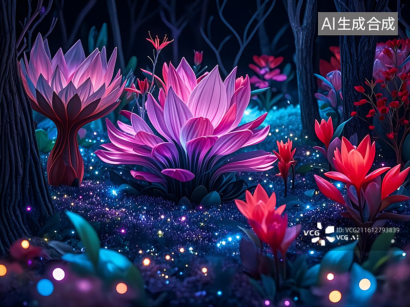 【AI数字艺术】梦幻森林荧光花海夜景图片素材