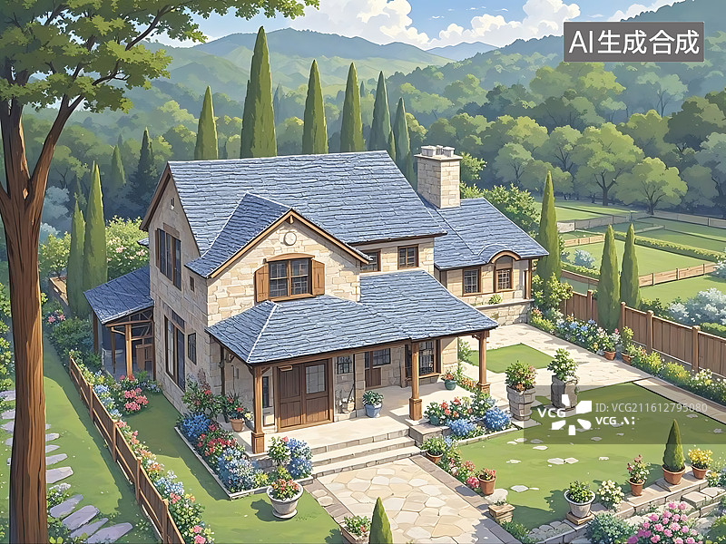 【AI数字艺术】乡村别墅庭院风景画图片素材