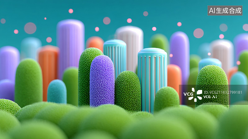 【AI数字艺术】彩色圆柱体与绿色球体图片素材
