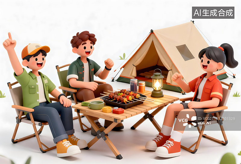 【AI数字艺术】AIGC：3D卡通户外露营烧烤聚会的青年人们图片素材