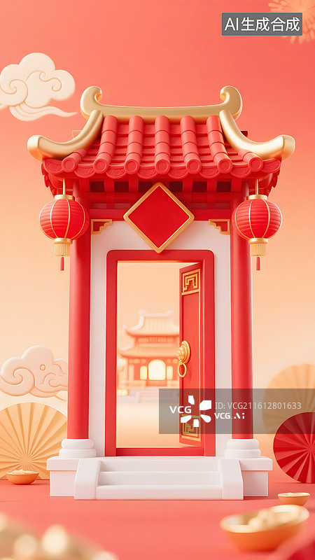 【AI数字艺术】AIGC：3D红色中式古典建筑，打开的门，传统节日，年货节电子商务，场景背景图片素材