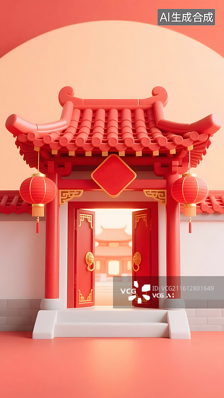 【AI数字艺术】AIGC：3D红色中式古典建筑，打开的门，传统节日，年货节电子商务，场景背景图片素材