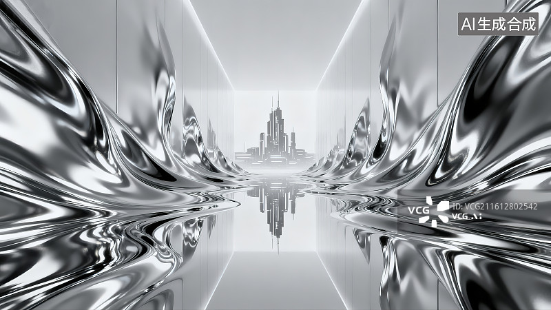 【AI数字艺术】未来城市与银色流体图片素材