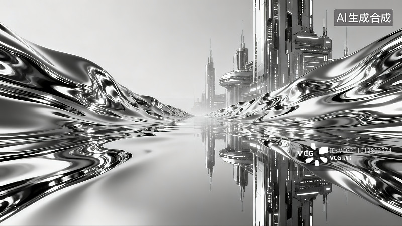 【AI数字艺术】未来城市与银色流体图片素材