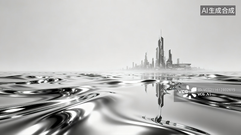 【AI数字艺术】未来城市与银色流体图片素材