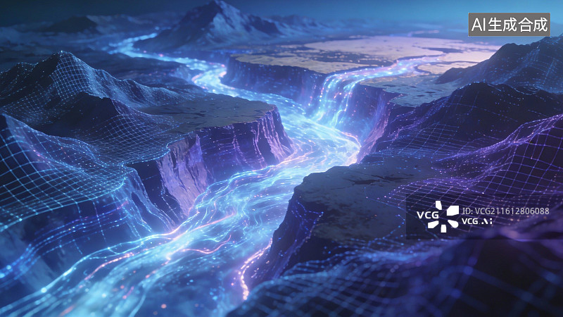 【AI数字艺术】发光河流穿越数字峡谷图片素材
