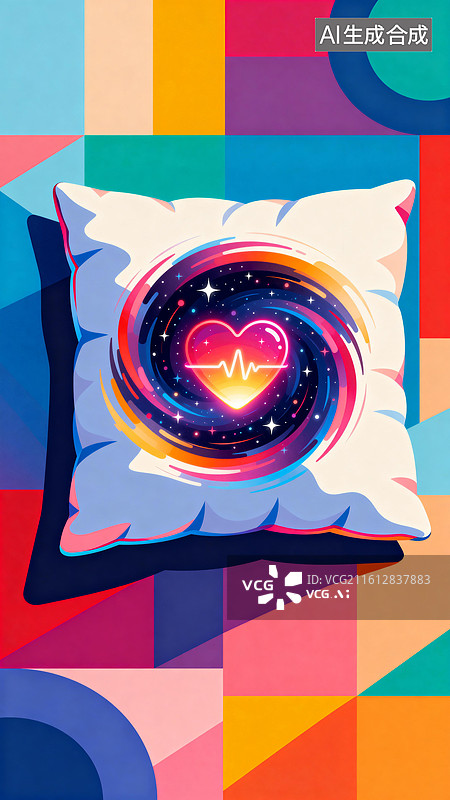 【AI数字艺术】枕芯星云中心有颗缓慢跳动的发光心脏 枕头内藏旋转星云，中心有心跳光点 3月世界睡眠日创意插画图片素材