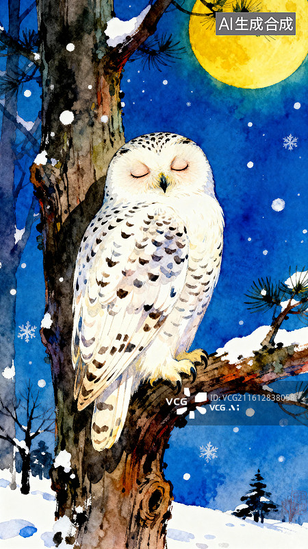 【AI数字艺术】雪夜，雪鸮站在树干上睡着了 3月世界睡眠日创意插画图片素材