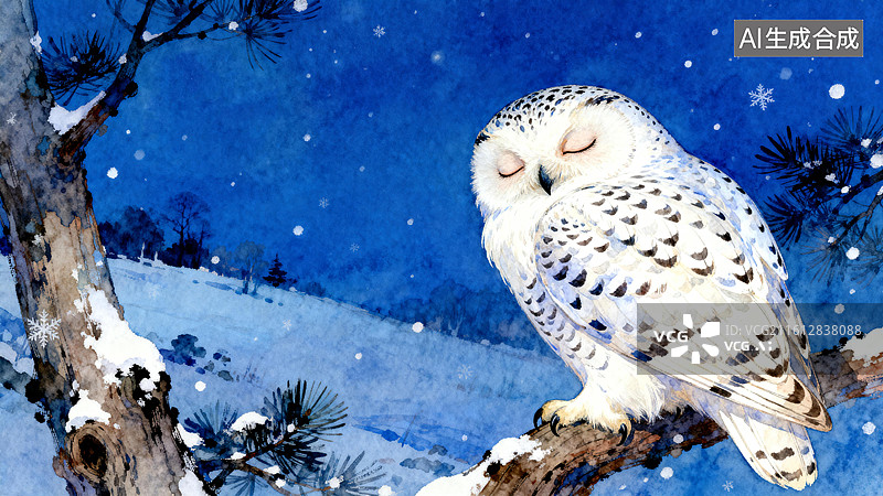 【AI数字艺术】雪夜，雪鸮站在树干上睡着了 3月世界睡眠日创意插画图片素材
