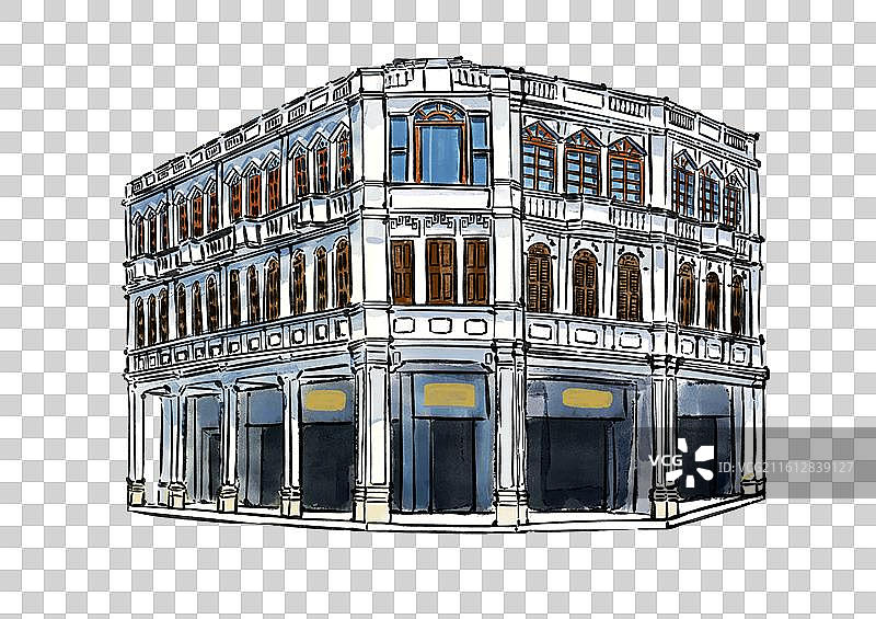 海口骑楼老街海南海口地标建筑名胜景点旅游建筑水彩手绘插画元素图片素材