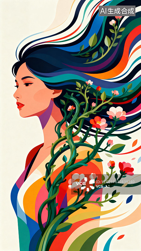 【AI数字艺术】美女的发丝变成成藤并开花 妇女节创意插画系列图片素材