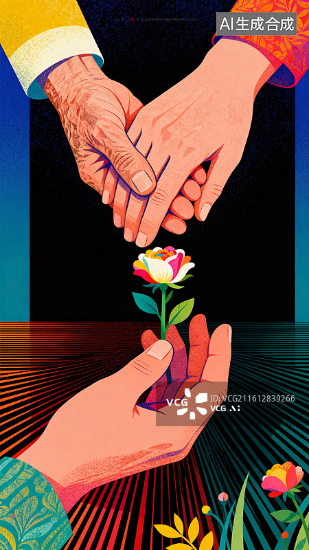 【AI数字艺术】相握的手与花 连接与传承 妇女节创意插画系列图片素材