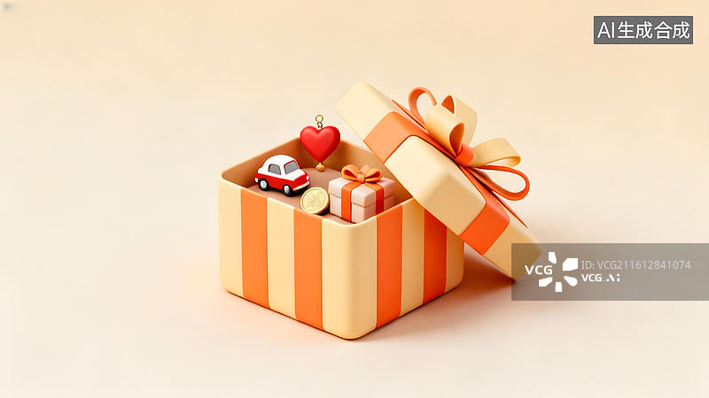 【AI数字艺术】橙色礼盒中的玩具车与礼物图片素材
