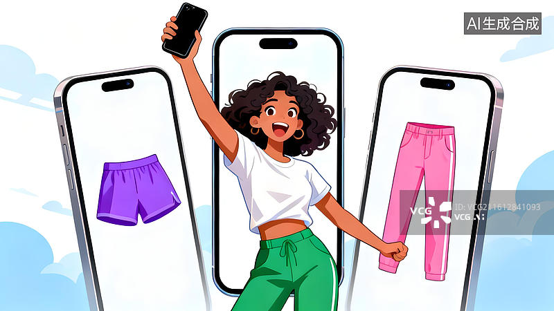 【AI数字艺术】女子展示手机中的服装图片素材
