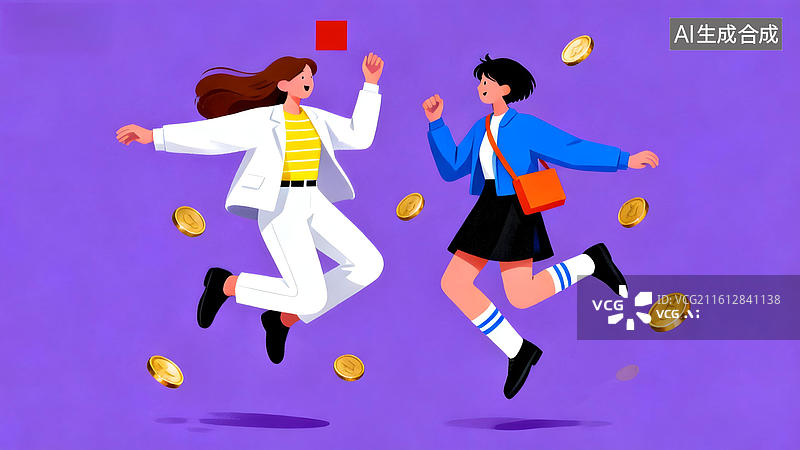 【AI数字艺术】两位女性跳跃庆祝金币飞舞图片素材