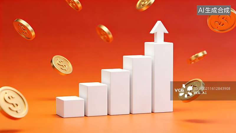 【AI数字艺术】金色金币环绕的上升柱状图图片素材