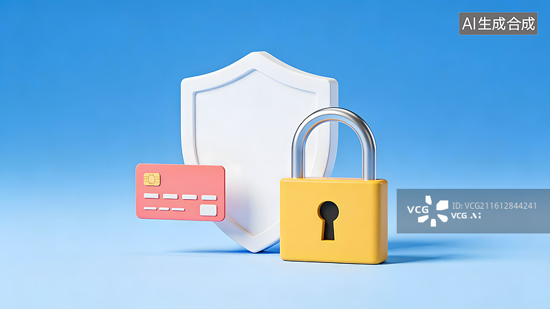 【AI数字艺术】安全防护象征盾牌锁与银行卡图片素材
