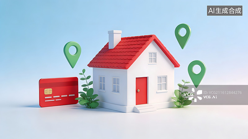 【AI数字艺术】房屋模型与信用卡位置图标图片素材