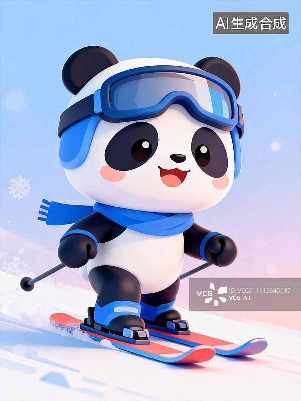 【AI数字艺术】3d卡通可爱熊猫滑雪场景图片素材