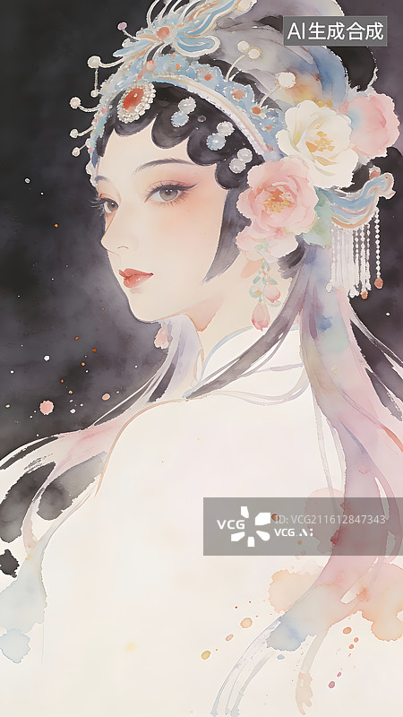 【AI数字艺术】古风女子水彩画图片素材